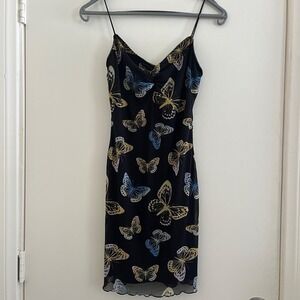 Y2K Ethereal Butterfly Mesh‎ Slip Dress M Bodycon Mini Fairy Whimsigoth Grunge